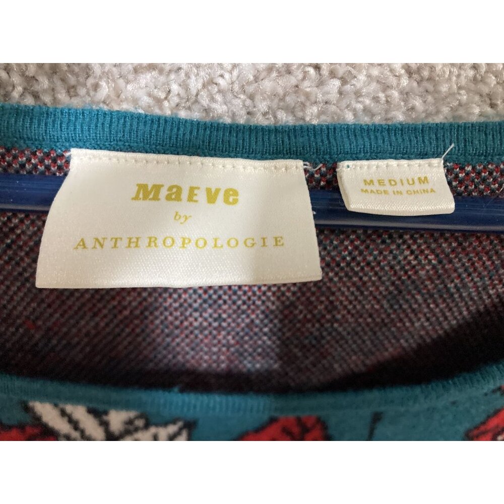 Maeve By Anthropologie Floral Knit Dress Medium Teal & Red Short Sleeve Scoop Ne - Picture 2 of 4